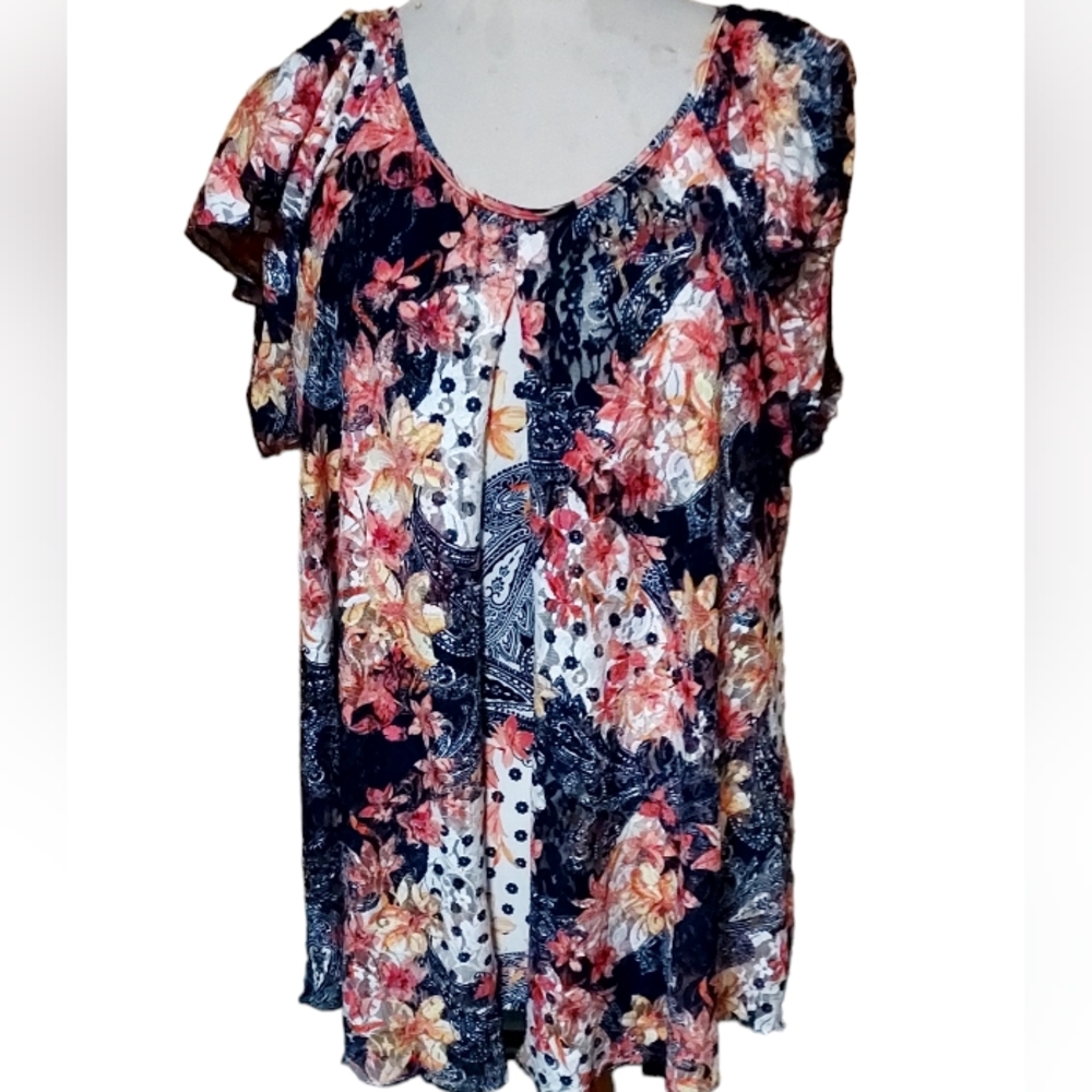 Cato 2xl Top Blouse Shirt Floral Orange Blue Lace Overlay Flowy Flutter Sleeve d